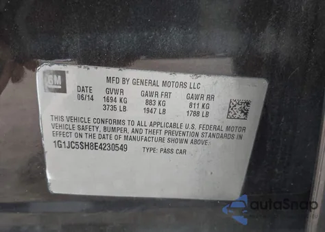 2014 Chevrolet Sonic Lt Auto z USA, uszkodzony, nr VIN 1G1JC5SH8E4230549